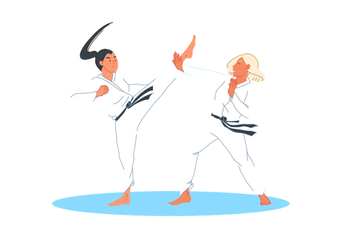 Sport Competition Combat Athlete Training Martial Arts Concept Fighting Judo Sportsmen In Kimono Male Karate Contest Blow Practicing Kick And Impact Block Simple Flat Vector Illustration
