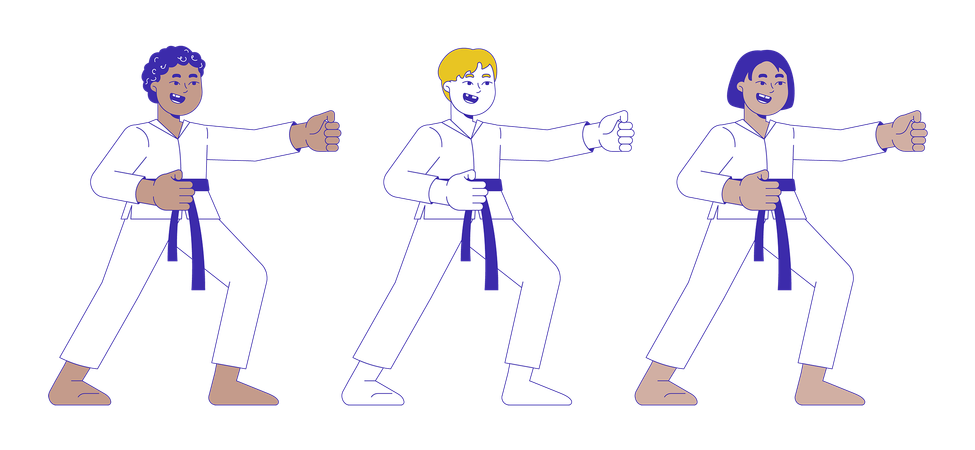 Martial arts kids in fighting stance set  Illustration