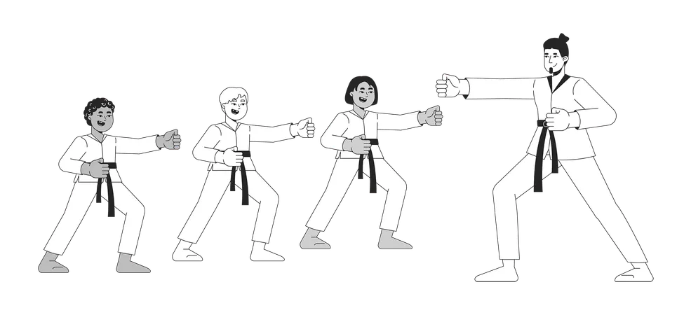 Martial arts sensei training pupils  Illustration