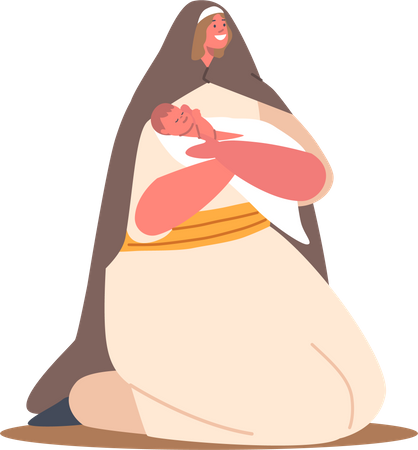 Mary Holding Baby Jesus In Arms With Serene Face Expression  Illustration