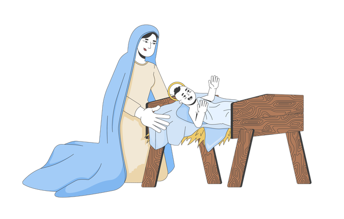 Mary kneeling beside baby Jesus swaddled in straw manger  Illustration