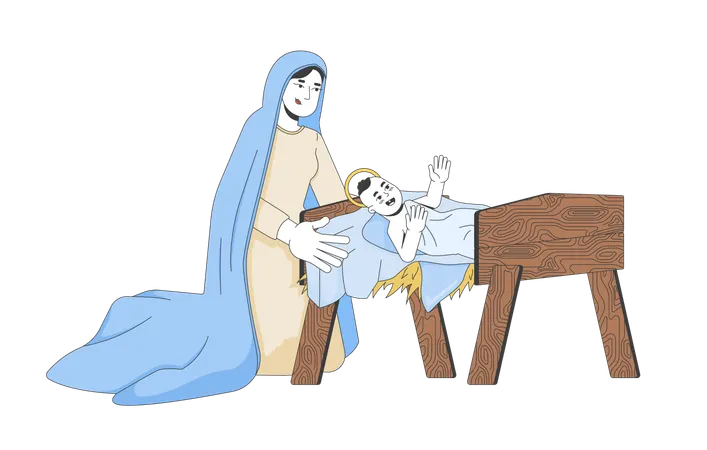 Mary kneeling beside baby Jesus swaddled in straw manger  Illustration