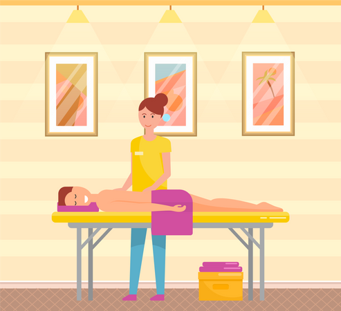 Masajista trabajando con la espalda del cliente en el salón de spa  Ilustración