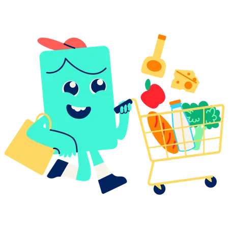 Mascot with Cart Full of grocery  Illustration
