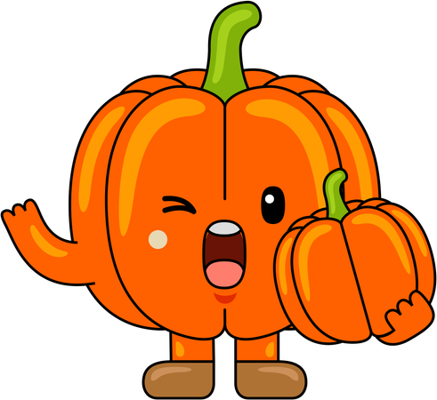 Mascota de calabaza sosteniendo una rodaja de calabaza  Ilustración