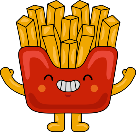 Mascota de papas fritas levantando las manos  Ilustración