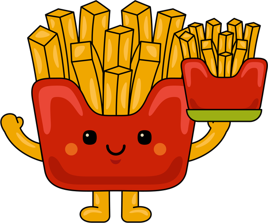 Mascota de papas fritas sosteniendo un paquete de papas fritas  Ilustración