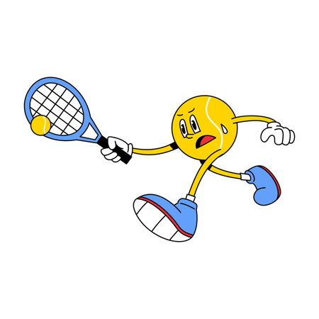 Mascota de pelota de tenis balanceando su raqueta en acción  Ilustración