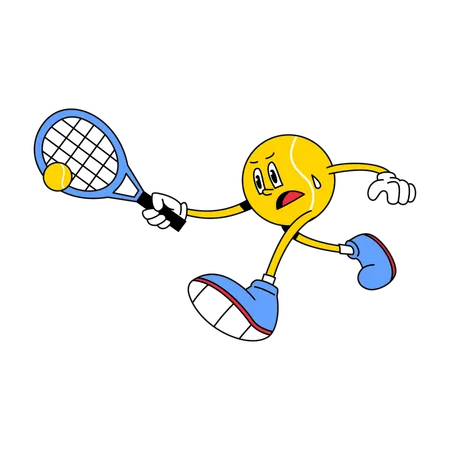 Mascota de pelota de tenis balanceando su raqueta en acción  Ilustración