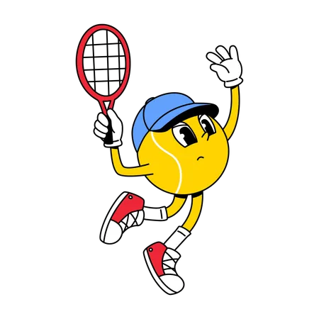 Mascota de pelota de tenis competitiva lista para servir  Ilustración