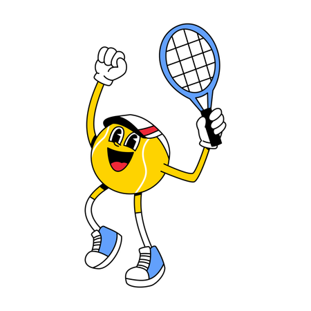 Mascota de pelota de tenis feliz jugando tenis  Ilustración