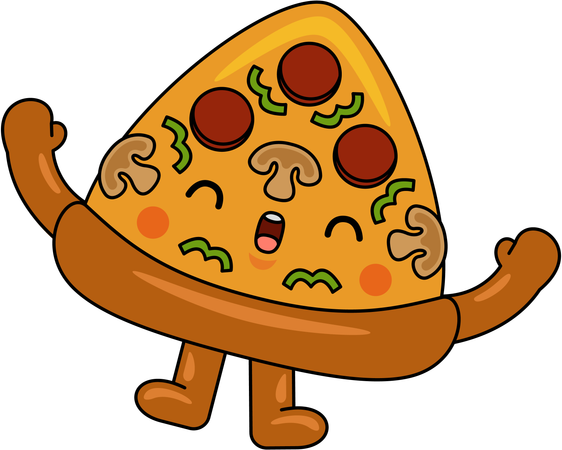 Mascota de pizza levantando alegremente ambas manos  Ilustración