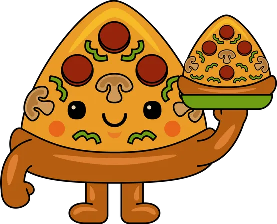 Mascota de pizza sosteniendo una porción de pizza  Ilustración