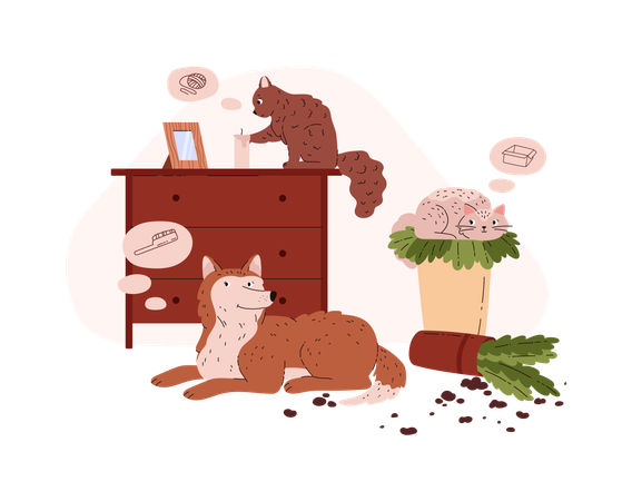 Mascota haciendo líos en casa  Ilustración