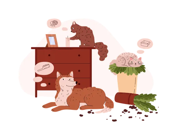 Mascota haciendo líos en casa  Ilustración