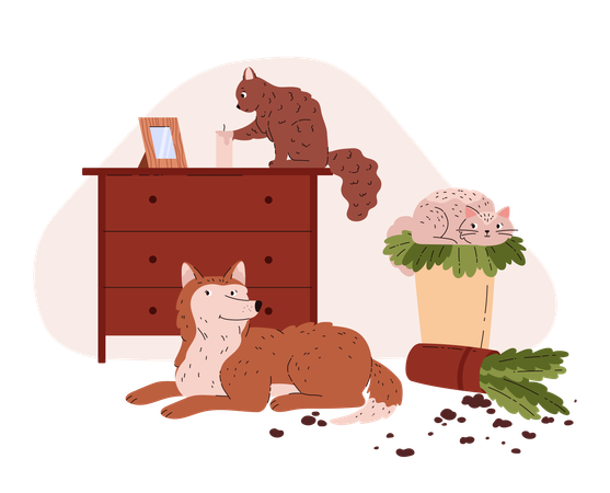 Mascota haciendo líos en casa  Ilustración