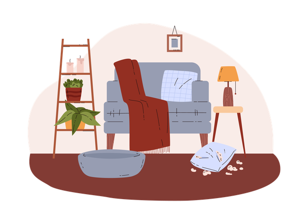 Mascota haciendo líos en casa  Ilustración