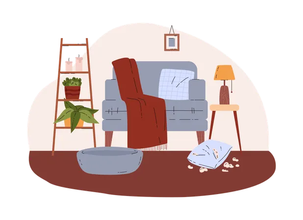 Mascota haciendo líos en casa  Ilustración