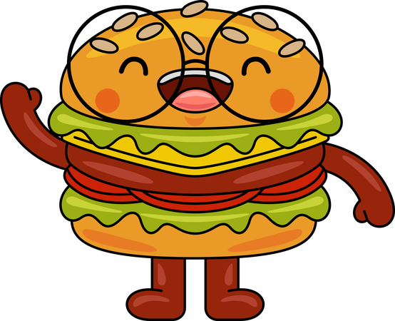 Mascota de hamburguesa saludando con la mano  Ilustración