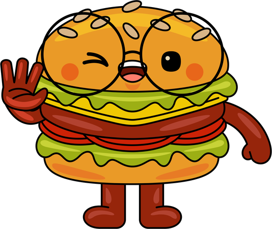 Mascota de hamburguesa diciendo hola  Ilustración