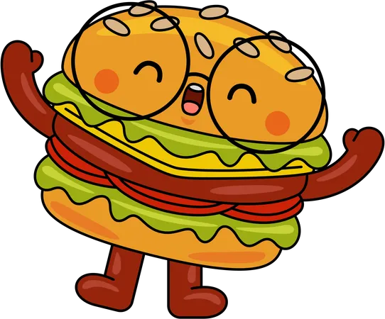 Mascota de hamburguesa feliz levantando ambas manos  Ilustración