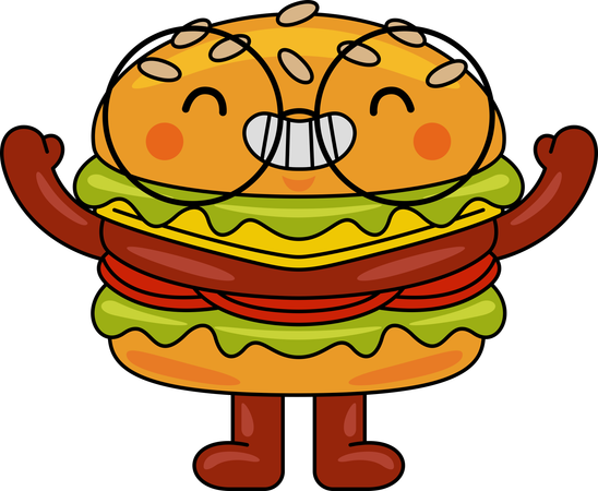 Mascota de hamburguesa levantando ambas manos  Ilustración