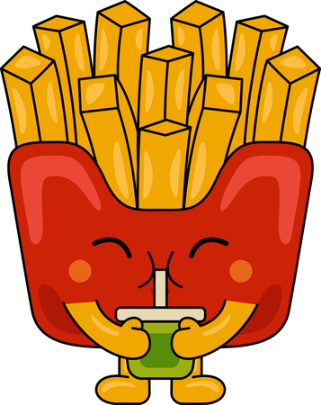 Mascota de papas fritas bebiendo jugo  Ilustración