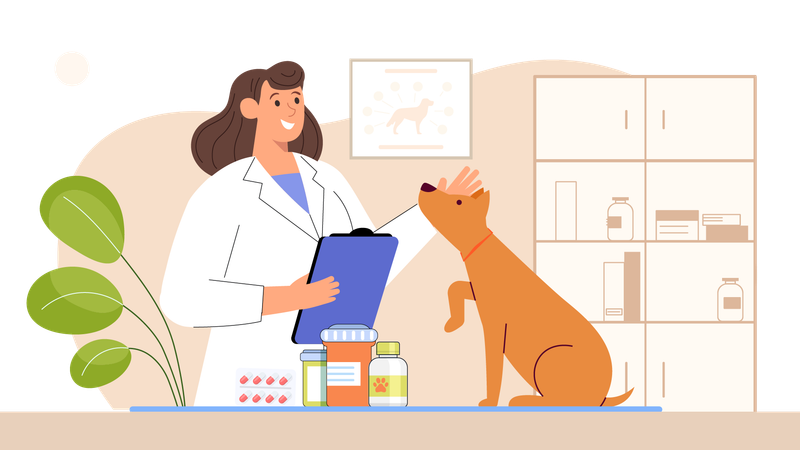 Perro mascota visitando clínica veterinaria  Ilustración