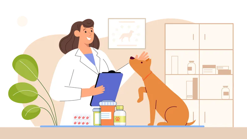 Perro mascota visitando clínica veterinaria  Ilustración