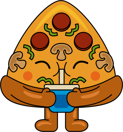 Mascota de pizza bebiendo jugo  Ilustración