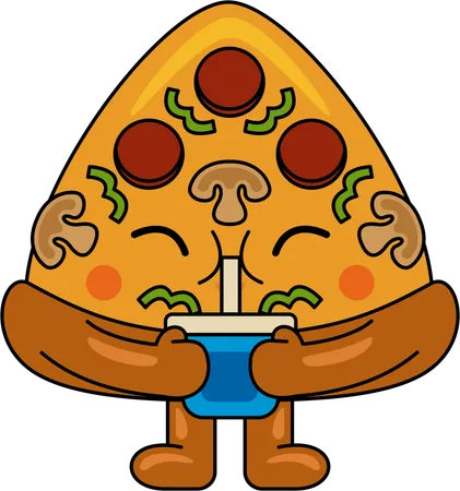 Mascota de pizza bebiendo jugo  Ilustración