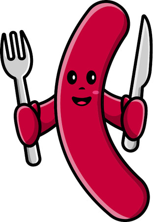 Mascota de salchicha con tenedor y cuchillo  Ilustración