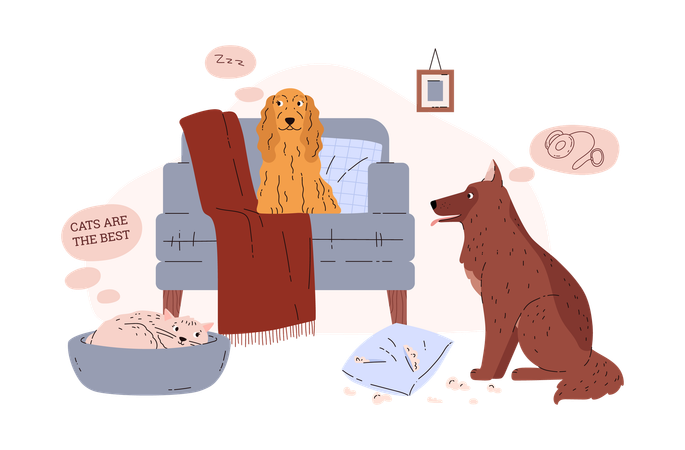 Mascotas haciendo desorden en casa  Ilustración