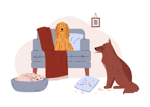 Mascotas haciendo desorden en casa  Ilustración
