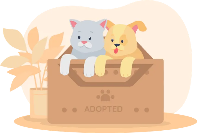 Mascotas rescatadas en caja.  Ilustración