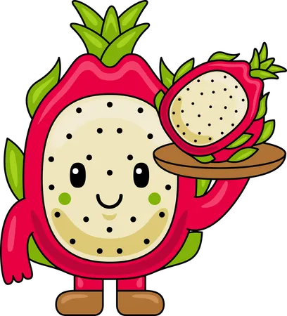 Mascote da fruta do dragão segurando a fruta do dragão  Ilustração