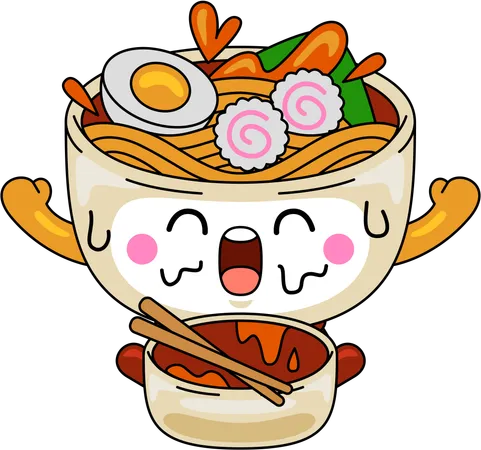 Personagem mascote do Ramen com tigela de ramen  Ilustração