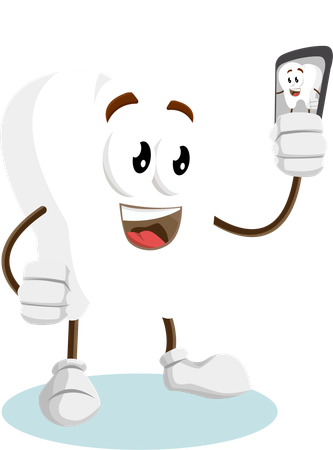 Mascote do logotipo do dente com pose de selfie  Ilustração
