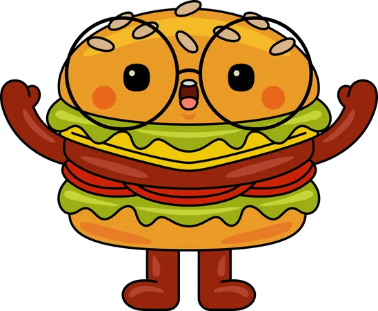 Mascote do Burger levantando as duas mãos  Ilustração