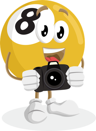 Mascote do logotipo do Biliard com pose de câmera  Ilustração