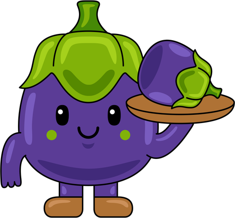 Mascotte d'aubergine tenant une aubergine  Illustration