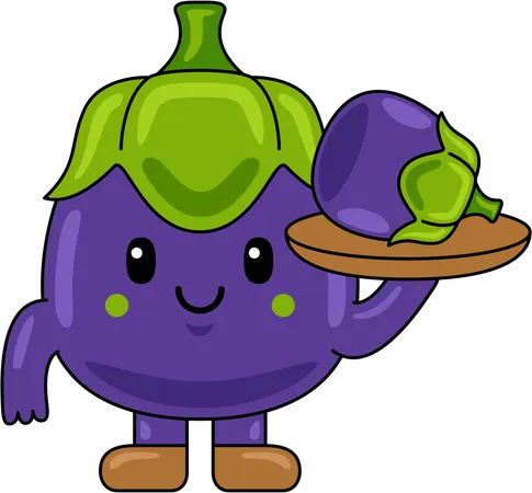 Mascotte d'aubergine tenant une aubergine  Illustration