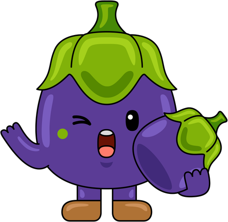 Mascotte d'aubergine tenant une tranche d'aubergine  Illustration