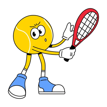 Mascotte de balle de tennis tenant une raquette sérieusement  Illustration