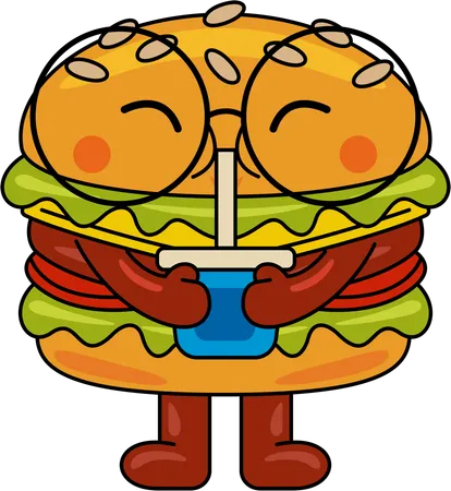 Mascotte de hamburger buvant du jus  Illustration