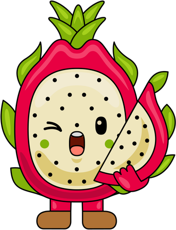 Mascotte de fruit du dragon tenant une tranche de fruit du dragon  Illustration