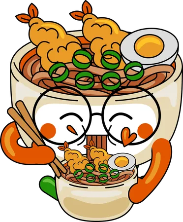 Personnage mascotte d'Udon mangeant des Udon  Illustration