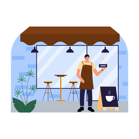 Barista masculino esperando cliente  Ilustração