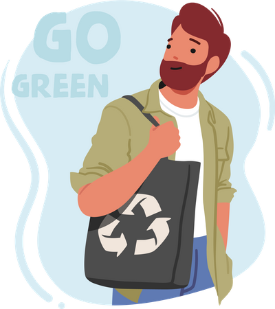 Masculino carrega saco reutilizável ecológico com símbolo de reciclagem  Ilustração