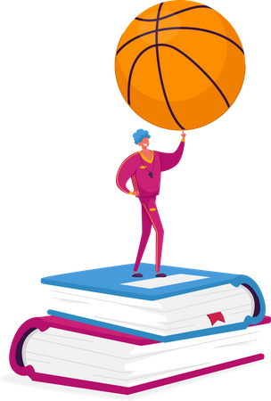 Homem com fantasia esportiva e apito no pescoço segurando uma bola de basquete em uma pilha de livros  Ilustração